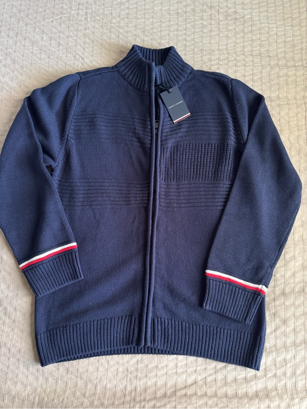 Boy’s / Men's Navy Full-Zip Knit Sweater with Stripe Cuff - Tommy Hilfiger